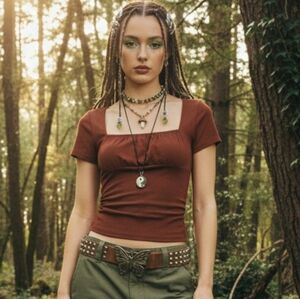 Perfectly Imperfect Y2K Forest Fairy Babydoll Top Small Brown Fitted Empire